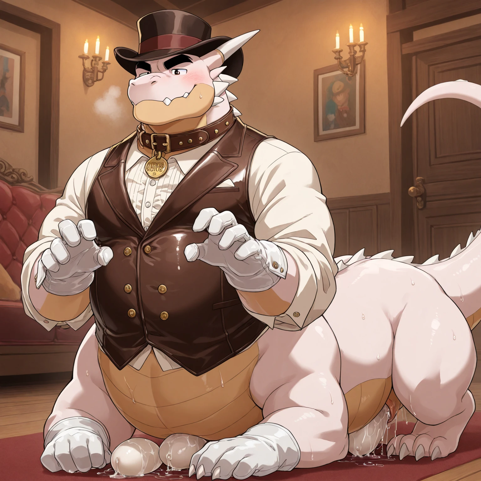 Solo, Male, fat, extremely obese, gentleman, dapper Professor Dragon, with a large penis and testicles, masturbating, ejaculating extreme amounts of sperm covered worms from the penis, shooting large worm-shaped sperm from the penis, blue eyes, (posing:1.3), (soft shading), 4k, hi res, ((detailed face, detailed)), looking at viewer, evil grin, steampunk, collared shirt with buttons, top hat, male focus, Explorer Outfit, glasses, monocle, bag, vest with buttons, backpack, sleeves rolled up, round eyewear, brown headwear, brown vest, Dragon is wearing a glossy leather dog collar around the neck, Dragon is wearing the leather collar and shirt and vest at the same time, Dragon is wearing glossy white rubber gloves on the hands, wearing white rubber gloves on the feet, gloves are rubber in texture, clenching teeth, Dragon is rubbing his penis with hands, leather collar is glossy and shiny with a lot of detail, Dragon is wearing gloves and leather collar at the same time, leather collar has a round dog-tag, leather collar is thick and detailed, sperm is sticky in texture, sperm is shaped like a worm, worms are coming out of the Dragon's penis, worms are sticky and gooey, Dragon is ejaculating worms from the penis, penis is wet and dripping with sperm.