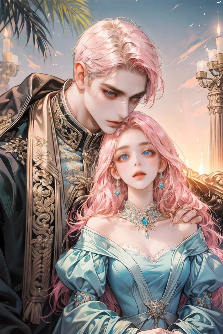 A beautiful and elegant woman, realistic, 8k, very detailed, masterpiece, fantasy art, Dream-like background, 1 adult female, Clean and detailed face, Beautiful, blue eyes, pink hair, Lovely sky blue dress with intricate embroidery, Luxurious Jewels, Fascinating Detail Art