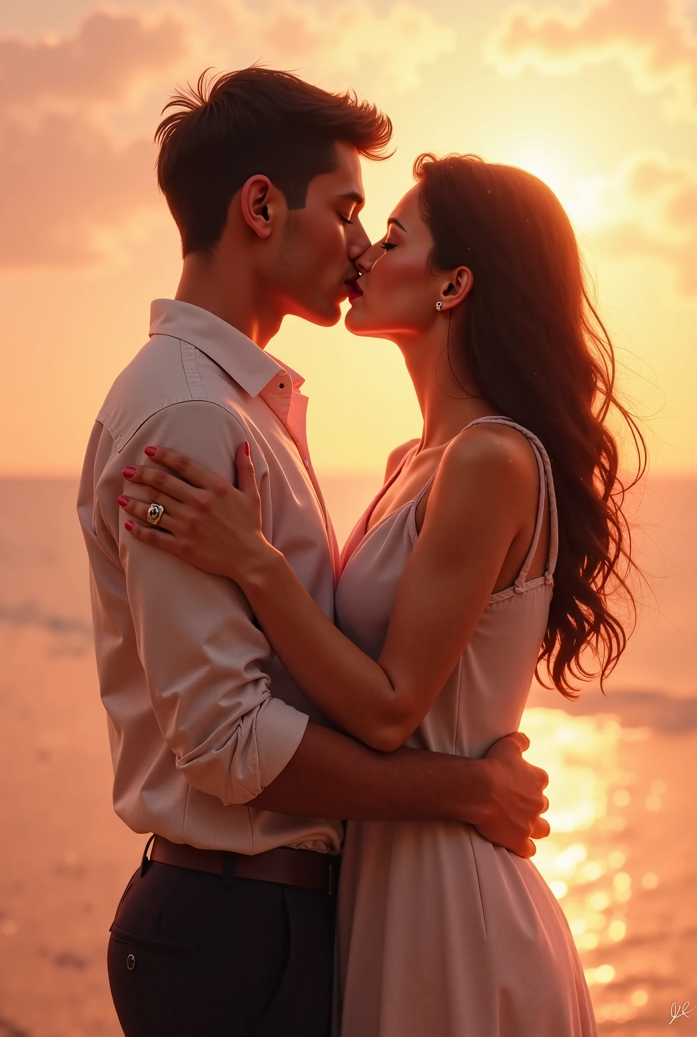Silhouette of a couple sharing a kiss against a colourful sunset
