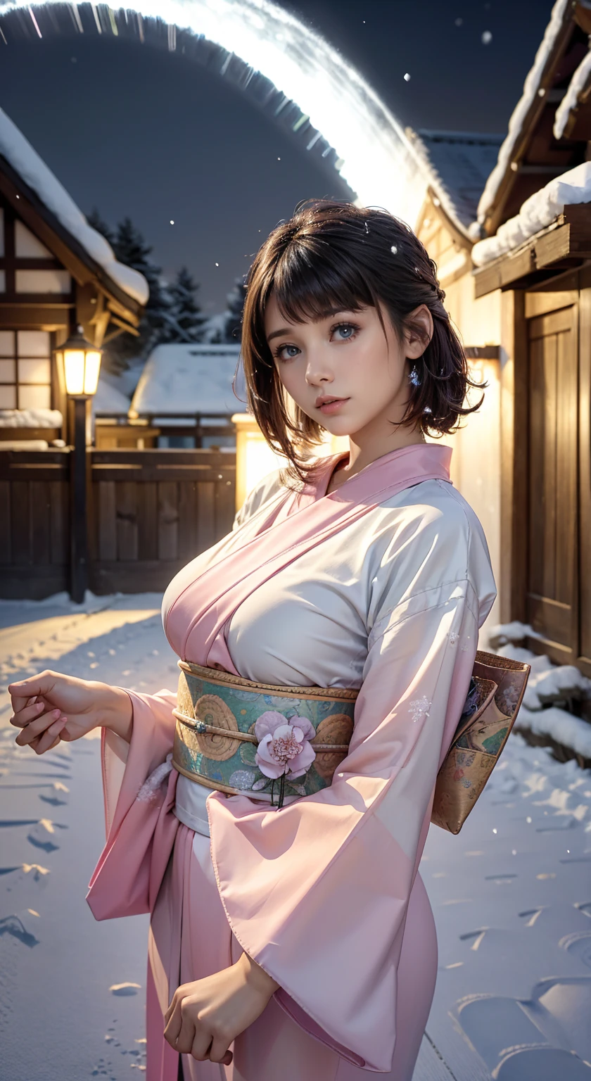 score_9, score_8_up, score_7_up, 1girl, solo, looking at viewer, short hair, black eyes, beautiful detailed eyes,black hair, long sleeves, sitting, closed mouth, small breasts, nipples, outdoors, open japanese clothes, wide sleeves, open kimono, water, sash, obi, floral print, snow, snowing, white kimono, print kimono,  break,(clear line illustration:1.2), super detailed skin,very high resolution, very aesthetic, Best sexual lighting powered by famous artist, 8k,cute picture,beauty illustration,photoshop_(medium),,(Detailed Lighting),uncensored,