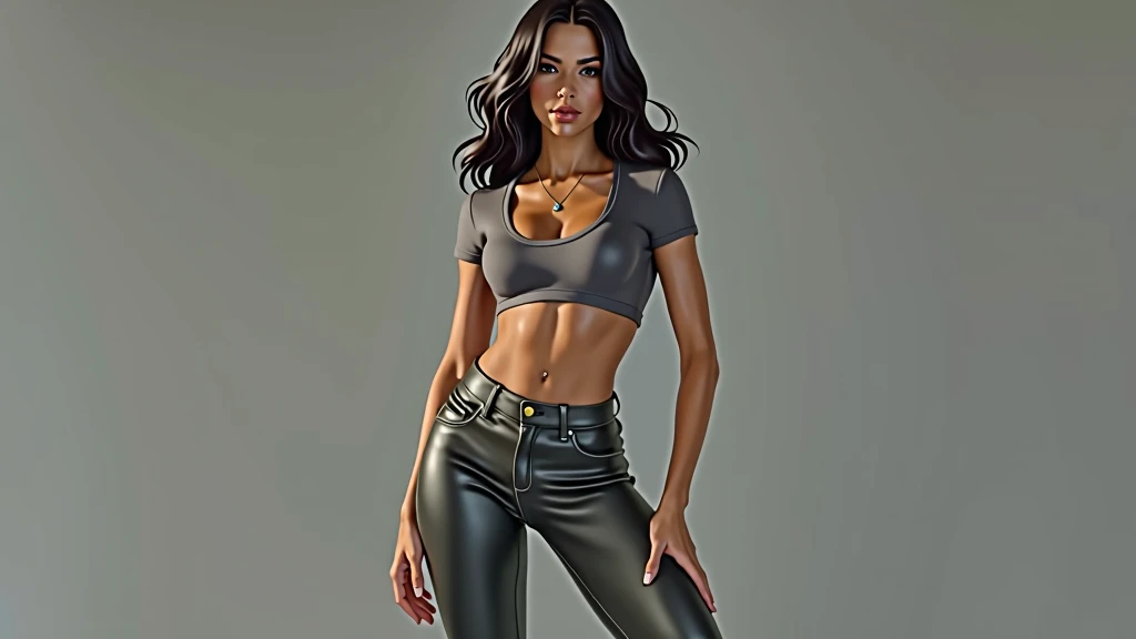 tight pants, black clothes, Street mode, streetwear, uma menina, pequena, fat, chubby, brown skin, large body, long orange hair, corpo todo, standing on her feet, studio background, childish appearance, chifres pequenos na testa, maquiagem, mascara, Lips are soft or colored, fundo preto simples, minimalismo, monotone, paletas de cores simples, limpo, Crisp drawings, silhuetas fluidas,, camisas curta, Asymmetric, geometric, Materiais e designs elegantes e luxuosos, Simple and minimalist accessories, Necklaces and thin rings in silver or gold, Pulseiras simples, Designs diferentes, silhuetas simples, estilo simples e sofisticado, elegence, minimalismo, materiais de alta qualidade, Fresh and urban printing, alta moda, Simplicity and sophistication, sexy, Erotic, decote, youthful appearance