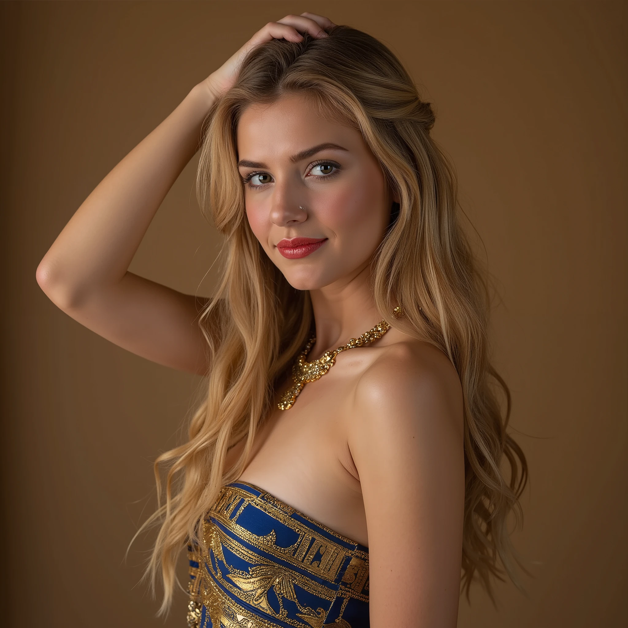 in the style of pharaohs and ancient egypt: full body shot, realistic photography photo of a pharaoh woman with long, wavy blond hair and flawless skin, makeup, red lipstick, small smile, slender body, ultra detailed face, looking at viewer, blush, depth of field, highly detailed, looking at the right side , ((show full body: 1.3)),
Realistic side shot photo of an attractive blond woman's upper body, close-up, focusing on the chest and neck. She is wearing a form-fitting, elegantly embroidered pharaoh-style gown in deep gold and sapphire blue, but her posture betrays unease. She is posed with a slight tilt of the head with both of her hands holding her head on her hair, looking away at the right side with a gentle expression. Light skin tone. Soft, even lighting. Plain, creative seductive colored background. High detail, photorealistic.