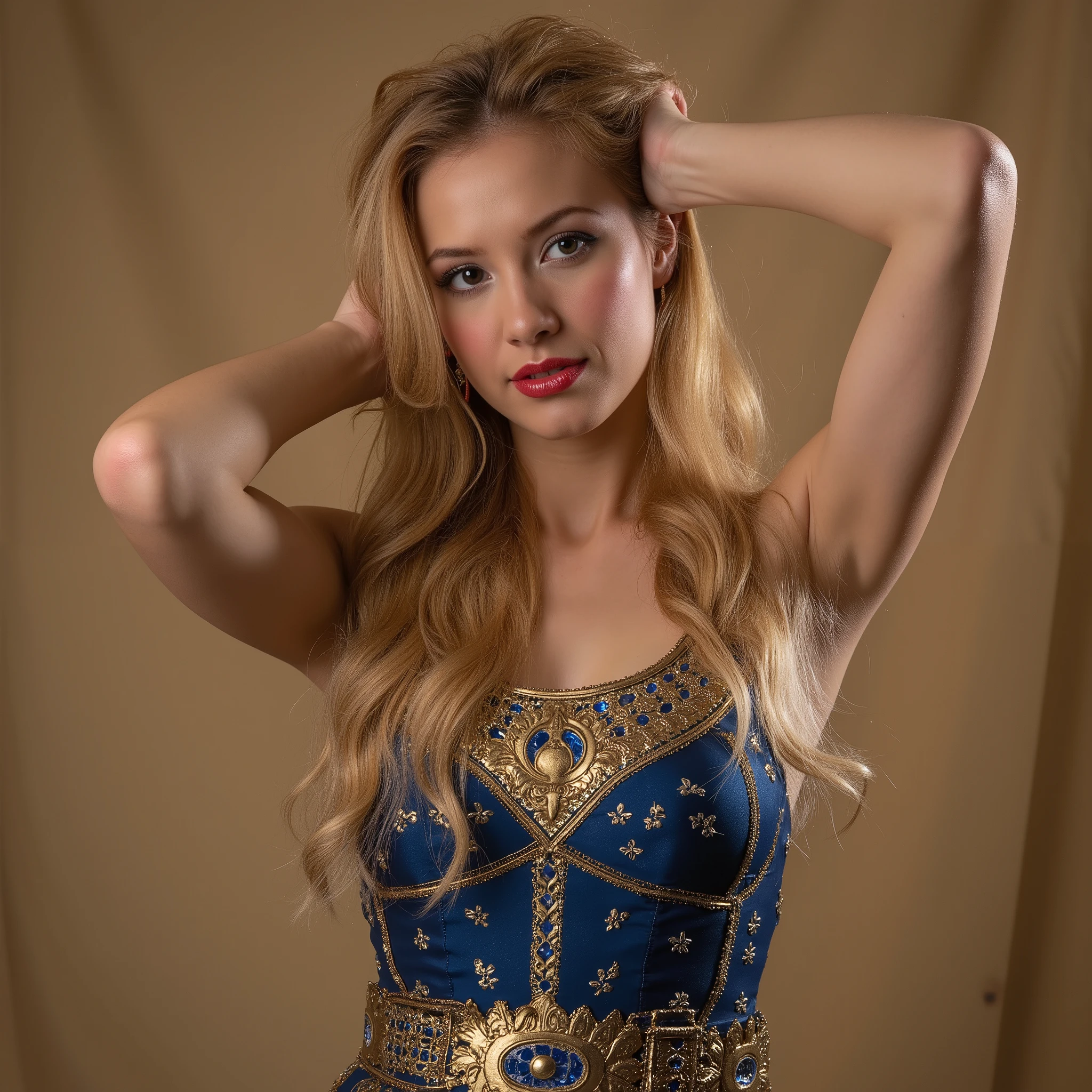 in the style of pharaohs and ancient egypt: full body shot, realistic photography photo of a pharaoh woman with long, wavy blond hair and flawless skin, makeup, red lipstick, small smile, slender body, ultra detailed face, looking at viewer, blush, depth of field, highly detailed, looking at the right side , ((show full body: 1.3)),
Realistic side shot photo of an attractive blond woman's upper body, close-up, focusing on the chest and neck. She is wearing a form-fitting, elegantly embroidered pharaoh-style gown in deep gold and sapphire blue, but her posture betrays unease. She is posed with a slight tilt of the head with both of her hands holding her head on her hair, looking away at the right side with a gentle expression. Light skin tone. Soft, even lighting. Plain, creative seductive colored background. High detail, photorealistic.