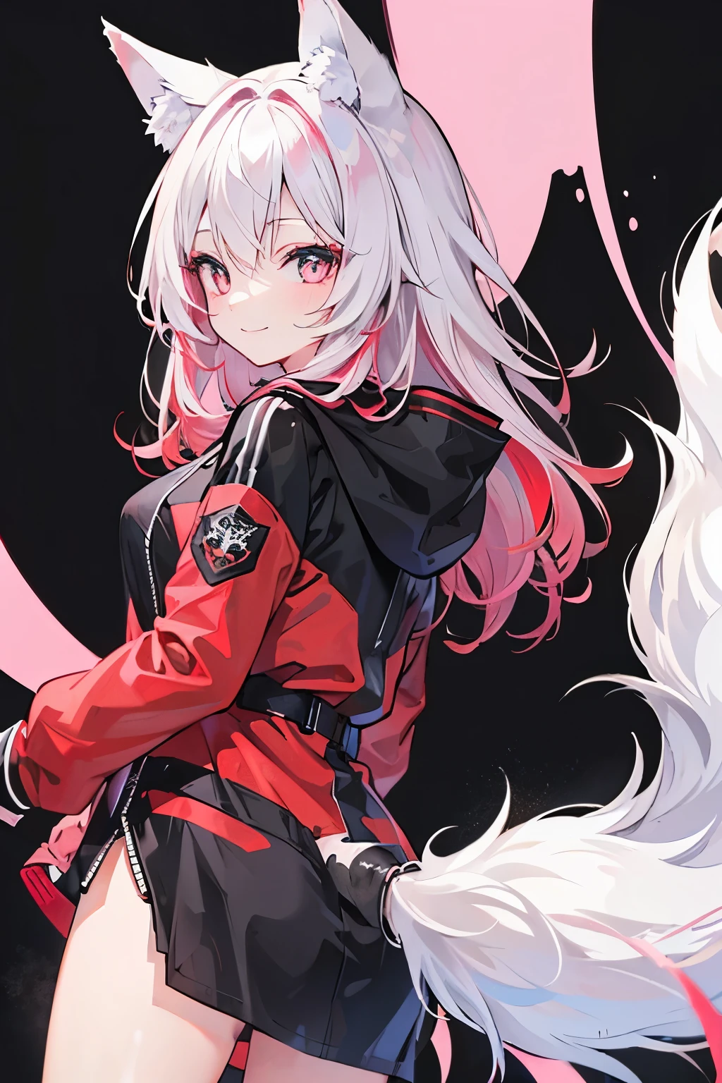 Girl, long black into magenta hair, hair ombré, wolf ears and tail, red tips at the ends of tail and wolf ears, smile, cute, sweet, deep black colored eyes, red jacket