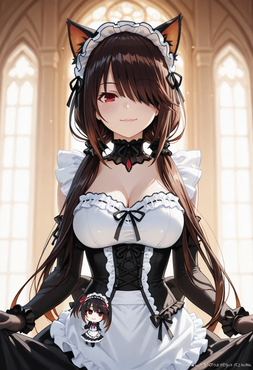 Masterpiece, ultra-detailed digital art, hyper-realistic anime style, perfect composition, cinematic lighting with soft rim lights, 8k resolution, emotional atmosphere, featuring Tokisaki Kurumi from Date A Live in exquisite detail. She has her signature asymmetrical hairstyle with low twintails, one eye covered by her silky dark brown hair, and her distinctive heterochromatic eyes (left eye: golden clock design, right eye: deep red). She's wearing an elegant Gothic ta maid outfit with intricate black and white lace patterns, frilly apron, and delicate collar embellishments. Her expression combines playfulness and mystery, with rosy cheeks and a coy smile, as she rests her chin gracefully on her gloved hand. Her cat-like ears add a charming touch to her appearance. The background features a softly blurred Victorian-style interior with warm ambient lighting, creating a dimensional depth. The artwork maintains the iconic anime aesthetic while incorporating photorealistic textures and lighting effects, emphasizing the character's charm and sophistication.