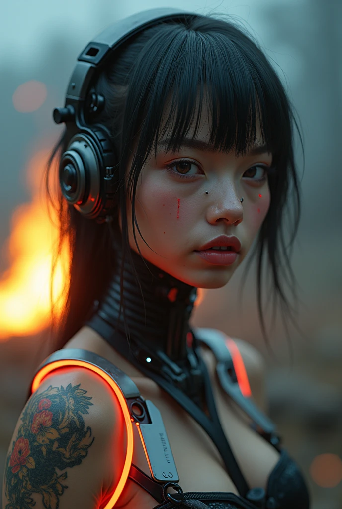 Woman hyper realístic cyberpunk 2078 ícon japoneses style, hyper details, Club writings, logo, Leaning pose against the wall checking the blade arm