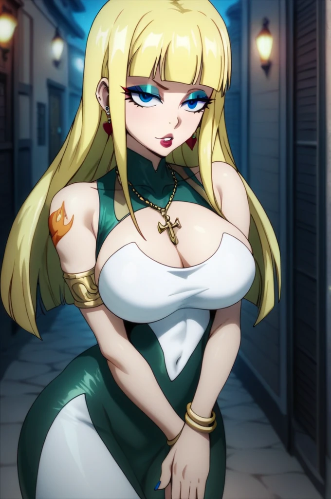high quality, masterpiece quality, full body portrait, 1woman facing viewer, succubus, prostitute, ram horns, dark olive skin, tanned skin, gold yellow colored eyes, ((brown dirty blonde color hair)), back braid)), large breasts, large wide hips, wearing a off the shoulder ruffled dress((dark purple colored)), ruffled skirt((purple colored)), cleavage, smug smile, full plump lips, dark purple lips, in cobblestone backdrop