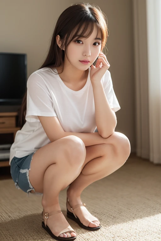 put your hands on your knees、((I can see white panties))、(Crouching Upskirt)、double eyelid、perfect fingers、perfect proportions、tits huge、eyelash、put the heel on the ground、beautiful and delicate eyes、very detailed、High resolution、transcendental beauty、highest quality、masterpiece、((Japan Girls' High School with uniform))、very detailed expression、school classroom、very detailed、18 year old girl、positive、(((dynamic pose)))、((Sit straight with your knees bent))、sexy upper eyes、Low - Angle、(((I can see white panties)))、M-shaped spread leg pose
