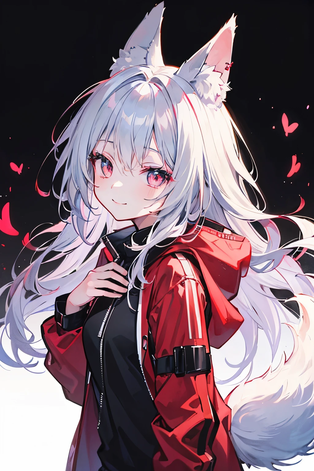 Girl, long black into magenta hair, hair ombré, wolf ears and tail, red tips at the ends of tail and wolf ears, smile, cute, sweet, deep black colored eyes, red jacket