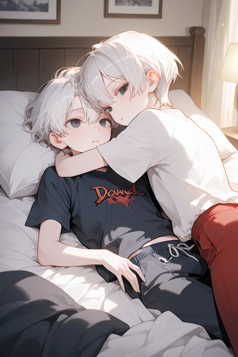 20 year old boy with white hair red eyes wearing a red jacket and a black t-shirt with a black sweatshirt with a pidtoak in his hand