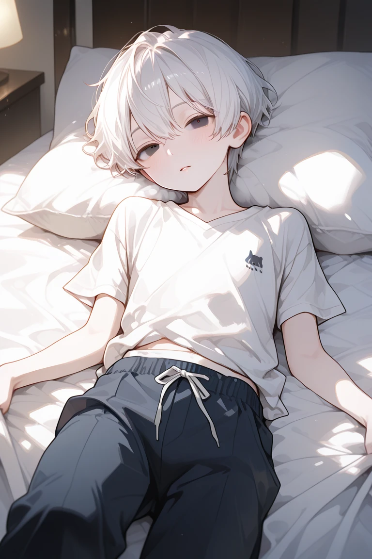 A cute, soft, sensitive boy He looks like little boy-girls, he has short white hair, Pink-black eyes,white Pajamas with a picture of a rabbit , and tries to make an angry face And sleeping in bed with the rabbit doll
He is not a girl and he does not wear girls' pajamas but boys' clothes and he is a cute boy 