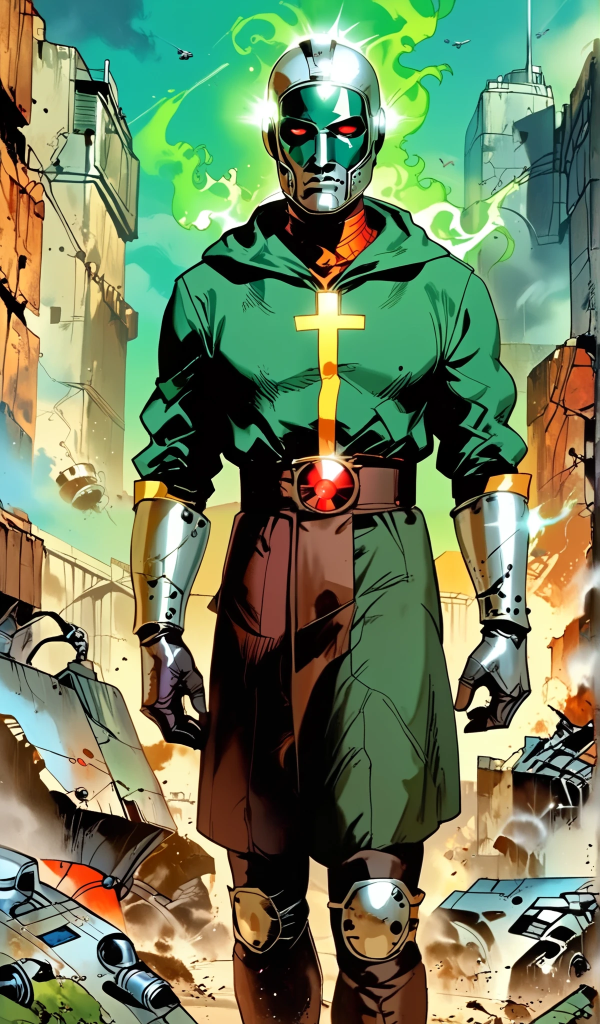 Drawn in 80’s anime art style.
Retro anime. Vintage Anime. Classical Anime.
The outfit is a highly recognizable and iconic superhero suit, primarily green and black, designed for both style and functionality. Here’s a detailed breakdown of its elements:
This person’s combat attire is a fusion of medieval warlord aesthetics, cutting-edge technology, and dark sorcery. He wears a cold, expressionless metal mask fused to his scarred face, paired with a reinforced helmet for added protection. His titanium alloy armor, sometimes infused with vibranium, grants superhuman strength, energy projection, and force field generation, making him nearly indestructible. Over this, he dons a fire-resistant green cloak and hood, often enchanted for extra defense. His gauntlets and boots contain built-in electrical weapons, jet propulsion for flight, and shock-absorption systems. A utility belt holds advanced gadgets, anti-magic tools, and teleportation devices, while his armor is infused with sorcery, allowing him to resist and counter magical attacks. His regal golden clasps, bearing the Latverian insignia, sometimes function as power sources or communication devices. This fearsome combination of strength, science, and sorcery makes them an unstoppable force on the battlefield.
This outfit not only provides protection but also enhances the Superhero’s combat capabilities, making them an effective and stylish anti-hero.
