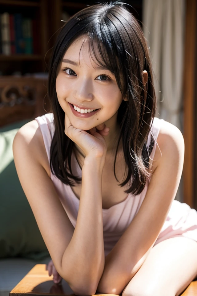 Very cute 20 year old Japanese woman, corners of mouth turned up, gentle smile, muffin top, detailed face, detailed body with nice curves, in the living room. Late night, movie photography, Leica 50 mm prime lens, Cine Steel 800T film, art color photography