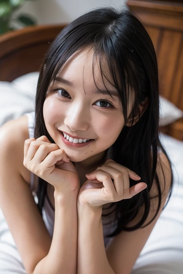 (8K、RAW Photos、Highest quality、masterpiece:1.2)、(Realistic、Realistic)、1 Girl、((Completely naked、After sexual intercourse、Waking up、Bedroom、morning、 the bed、Lie down in bed、Big Breasts、Nipples、Big Ass、smile、Looking at the camera and smiling))、cute