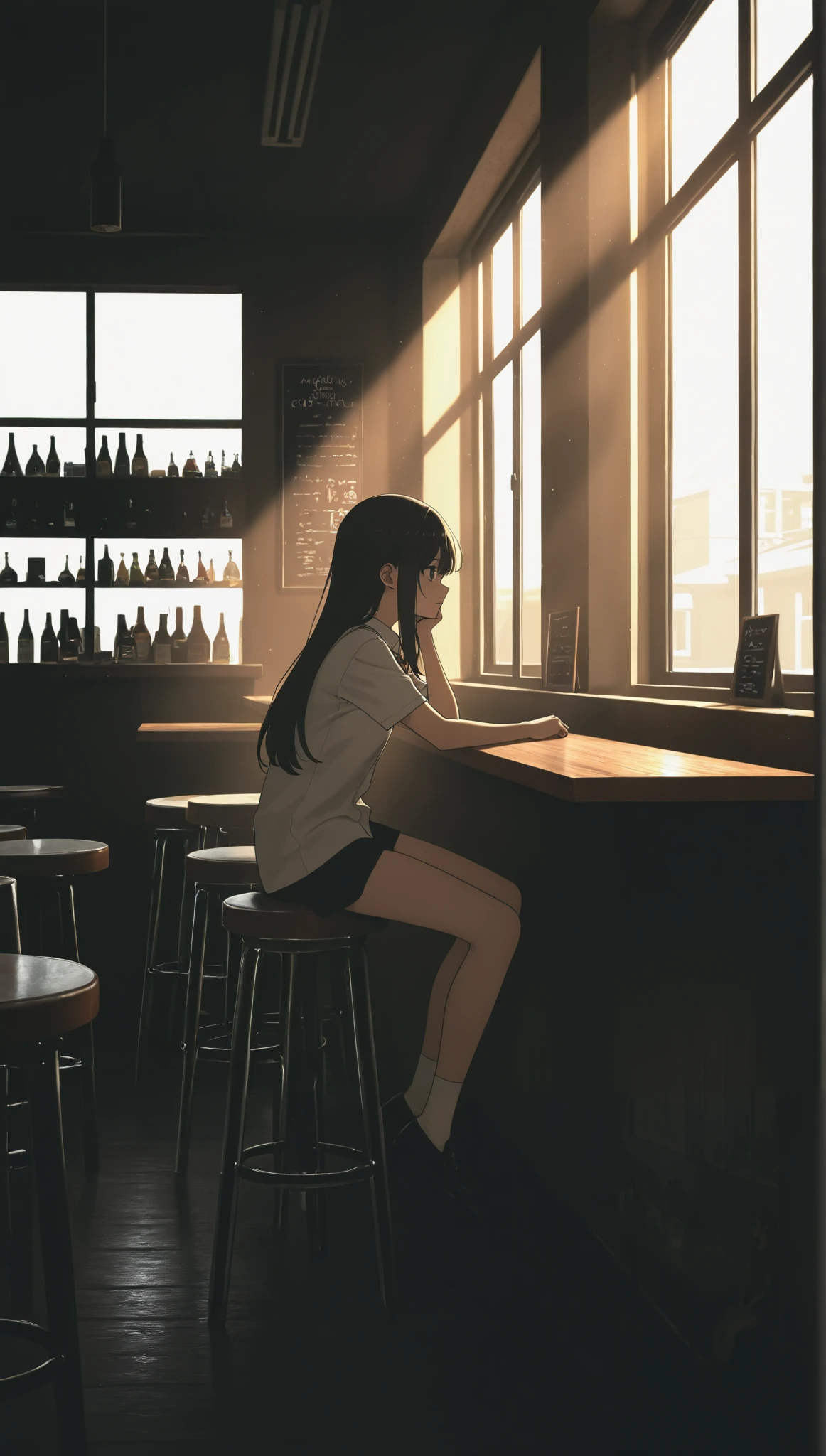 A girl sitting in a bar,Sunlight through the window,small table,street