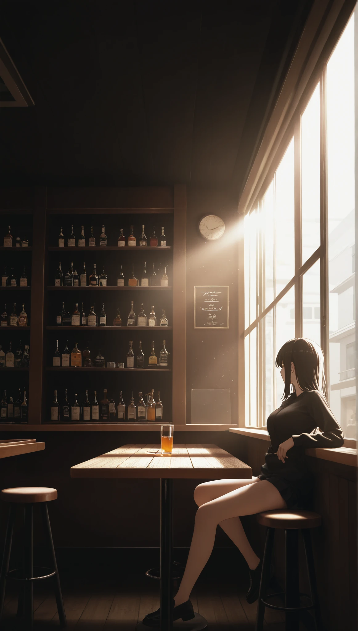 A girl sitting in a bar,Sunlight through the window,small table,street