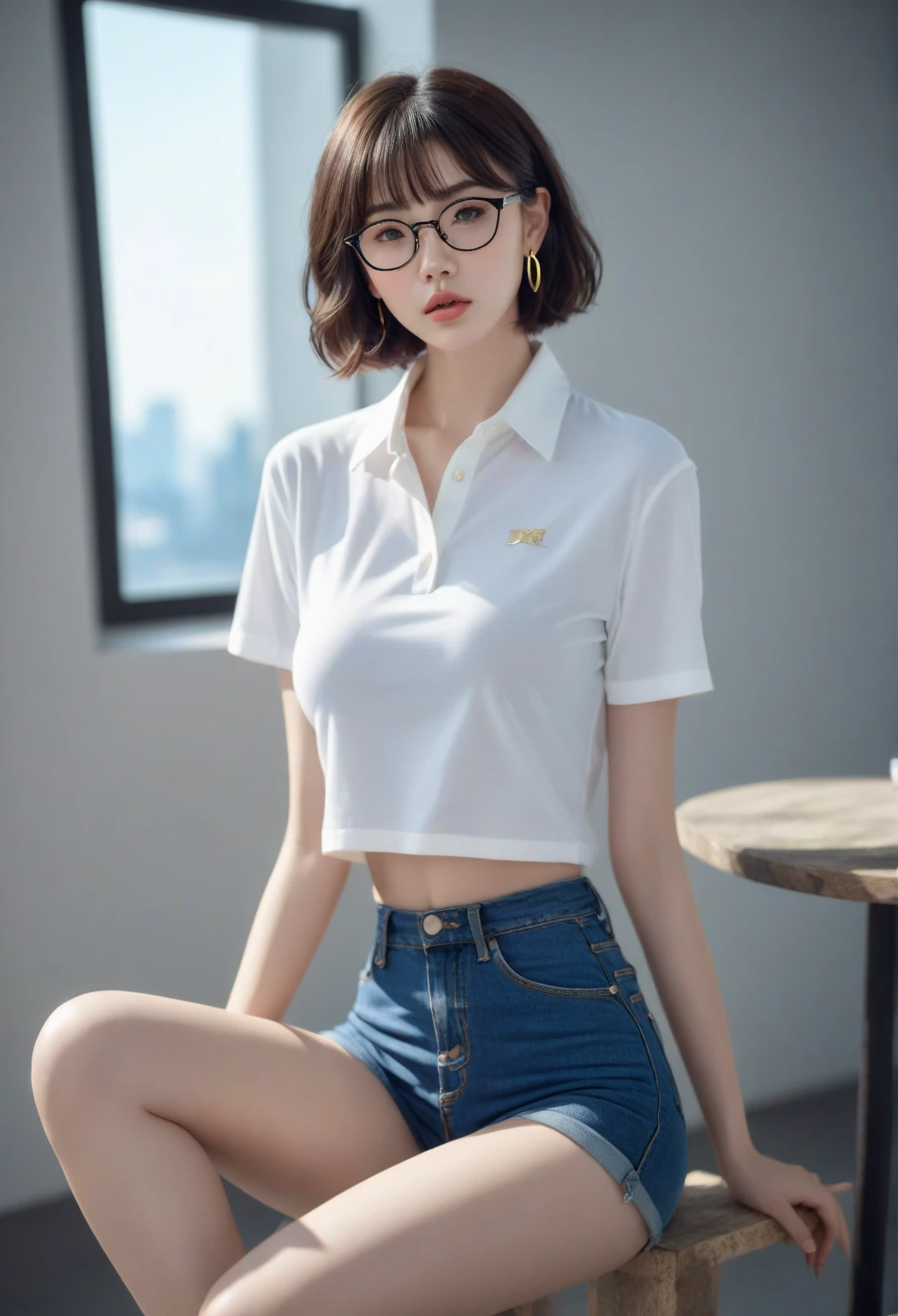 Masutepiece, highest quality, high resolution, Eleonora Pavinato, 30 years old, younger headshot, looking cute, cute pose, beautiful busty girl, long straight black hair, in the mall. polo shirt, tight black mini skirt, full body