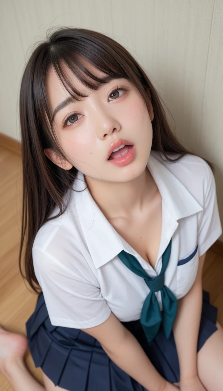 ,collared shirt,Short sleeve,pleated skirt,tie,Navy blue socks,(open mouth:1.5),(tongue out:2),Stairs in buildings,sit,Hands between legs,front view,face focus,from above(1girl,Beautiful 14 year old girl,ager),((Slender,Small breasts,Small face,)),(looking at viewer),Black Hair,bangs,straight,Beautiful and detailed