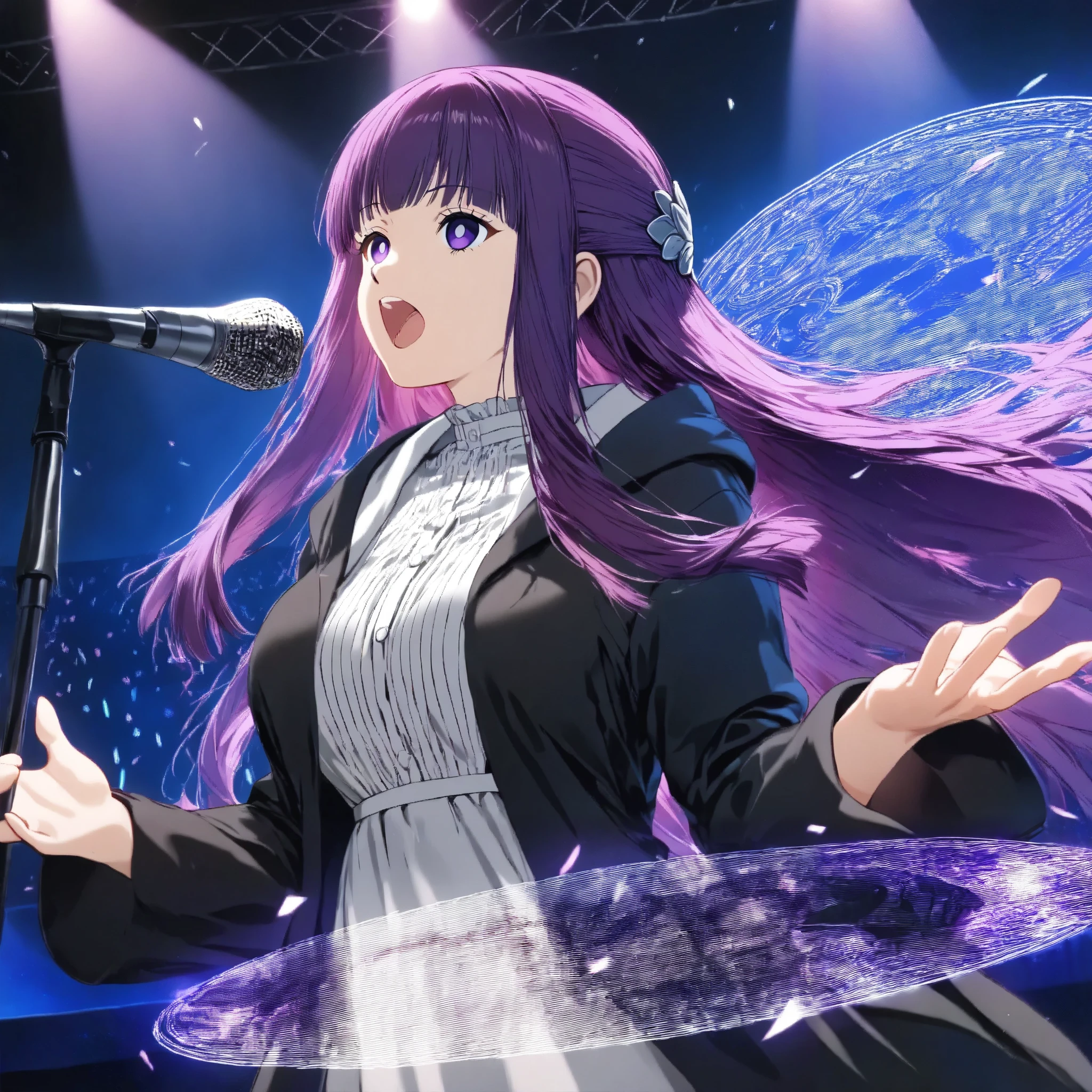 top quality,best image quality,Nerfpnxl,Fern (Sousou no frieren),( GIRLS BAND,Singing passionately,stage,Stage performance,The magic circle that emerges