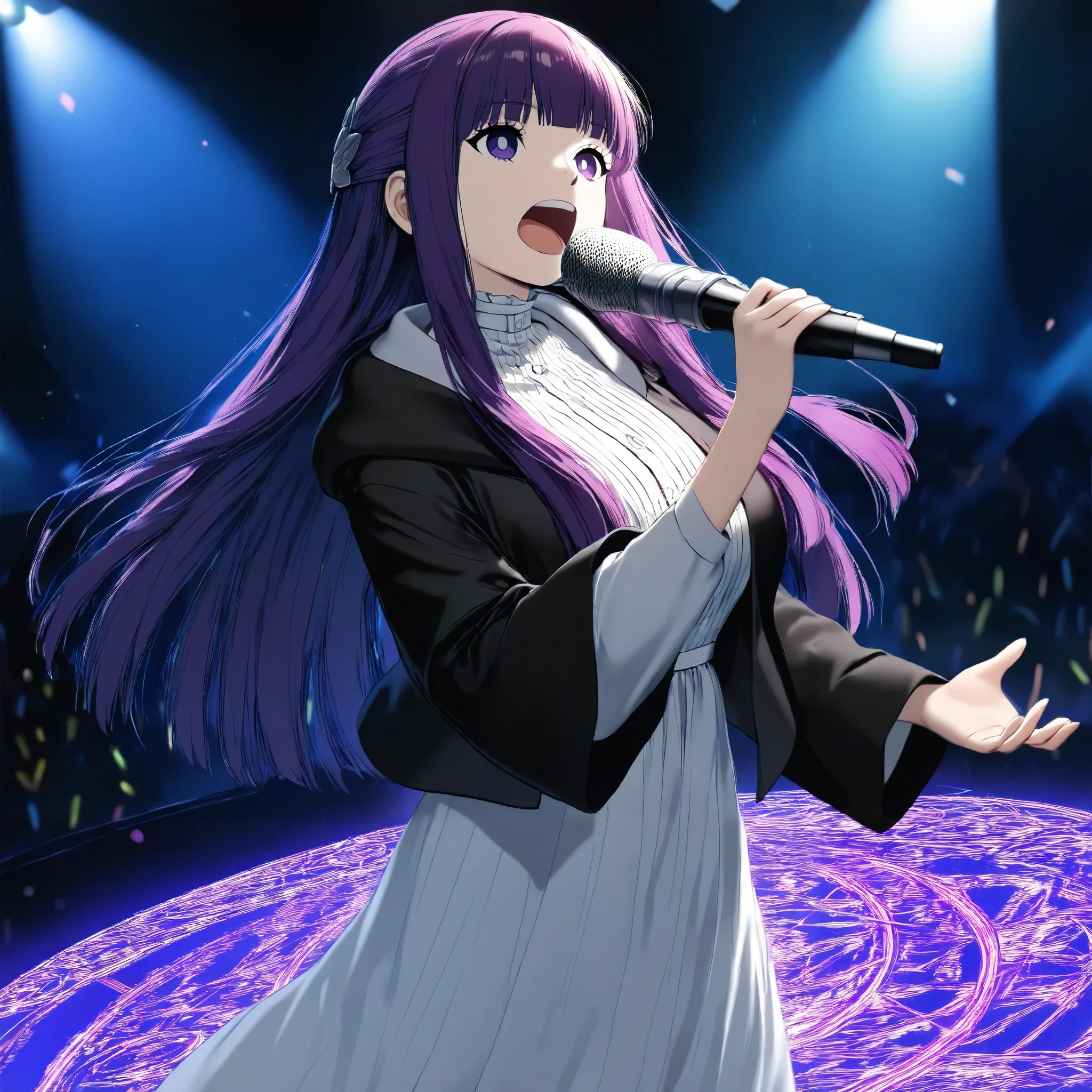 top quality,best image quality,Nerfpnxl,Fern (Sousou no frieren),( GIRLS BAND,Singing passionately,stage,Stage performance,The magic circle that emerges