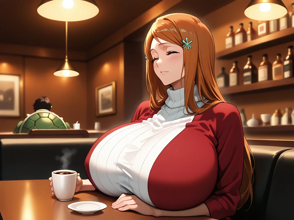 (masterpiece), best quality, (((a day in cafe, ladies tea meeting))), ((embarrassed smile)), (((gigantic huge tits:1.8, hanging breast))), ((knit clothes, leg tights, skirt)), 8k, ultra HD, (((gigantic thick hip))), (detailed eye), (sweat:1.6), hairy pubic hair, ((hairy armpit hair:1.4)), conversation, sitting, looking somewhere, (jewelry accessories:1.5), (showing bare shoulders), ((crowd in cafe))