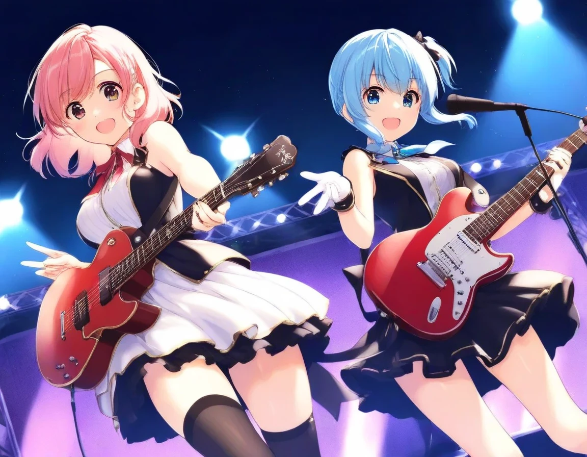 JK, anime girl band、2 girls、detailed electric guitar、Correct fingers、 happy expression 、on stage、 Rock Band、audience、Resplendent lighting、top quality、8k、high definition、masterpiece、Ultra-detailed