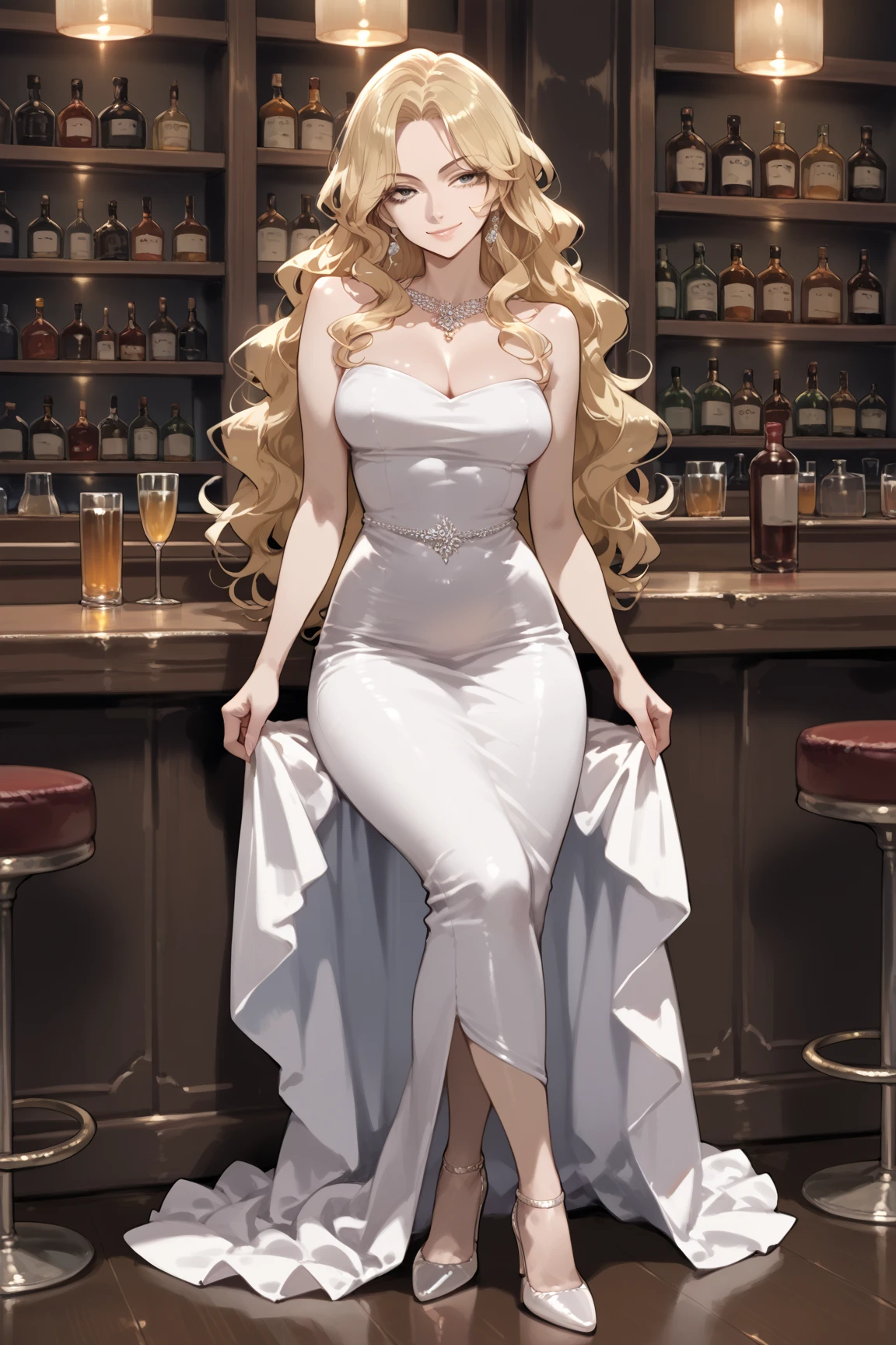 Illustration, detailed illustration, ultra detailed, dynamic angle, 19 year old girl, beautiful, platinum blonde, long hair, wavy hair, cold blue eyes, pale skin, emotionless, disdainful, fancy restaurant, black formal dress, sitting, showing viewer engagement ring, looking down at viewer