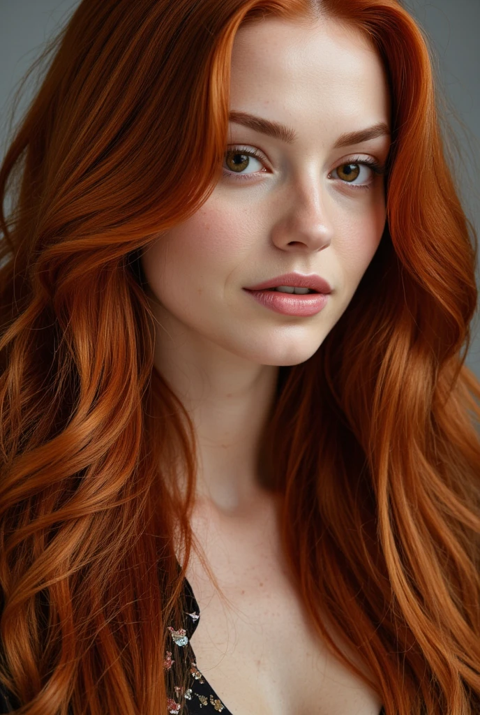 RAW, analog style, A stunning portrait of a young, beautiful woman with striking features. She should have long, flowing red hair, a captivating gaze, and an alluring expression. The background should be neutral and simple, allowing the woman to be the image's focal point. Please pay close attention to the details, such as the highlights and shadows on her face and hair, to create a lifelike and realistic image. Experiment with different lighting techniques to enhance the mood and atmosphere of the portrait. The final product should be a masterpiece that captures the essence and beauty of the woman, ((highly detailed skin, skin details)), sharp focus, volumetric fog, 8k UHD, DSLR, high quality, film grain, Fujifilm XT3, full body