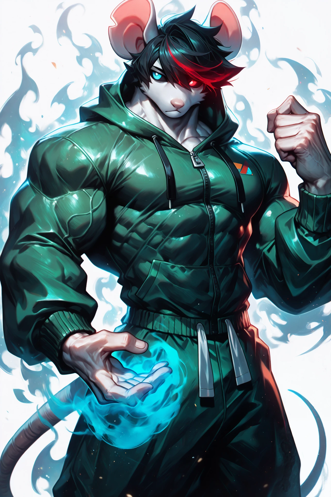 solo, silhouette, shadow of Ghostly Specter, Male, muscular Mouse anthro character, wearing a Green Jacket, wallpaper quality, on a loading screen, fighting stance, solo, aura, waist up, (mouse Anthro body, Ghostly Appearance, black hair with red highlights), Ghostly aura, sinister stare, neon lighting, Blue eyes, Red sclera, (Athletic muscles:1.5), Green jacket, baggy pants, street pants, masterpiece,((Simple White background)), correct anatomy, correct hands, best quality,