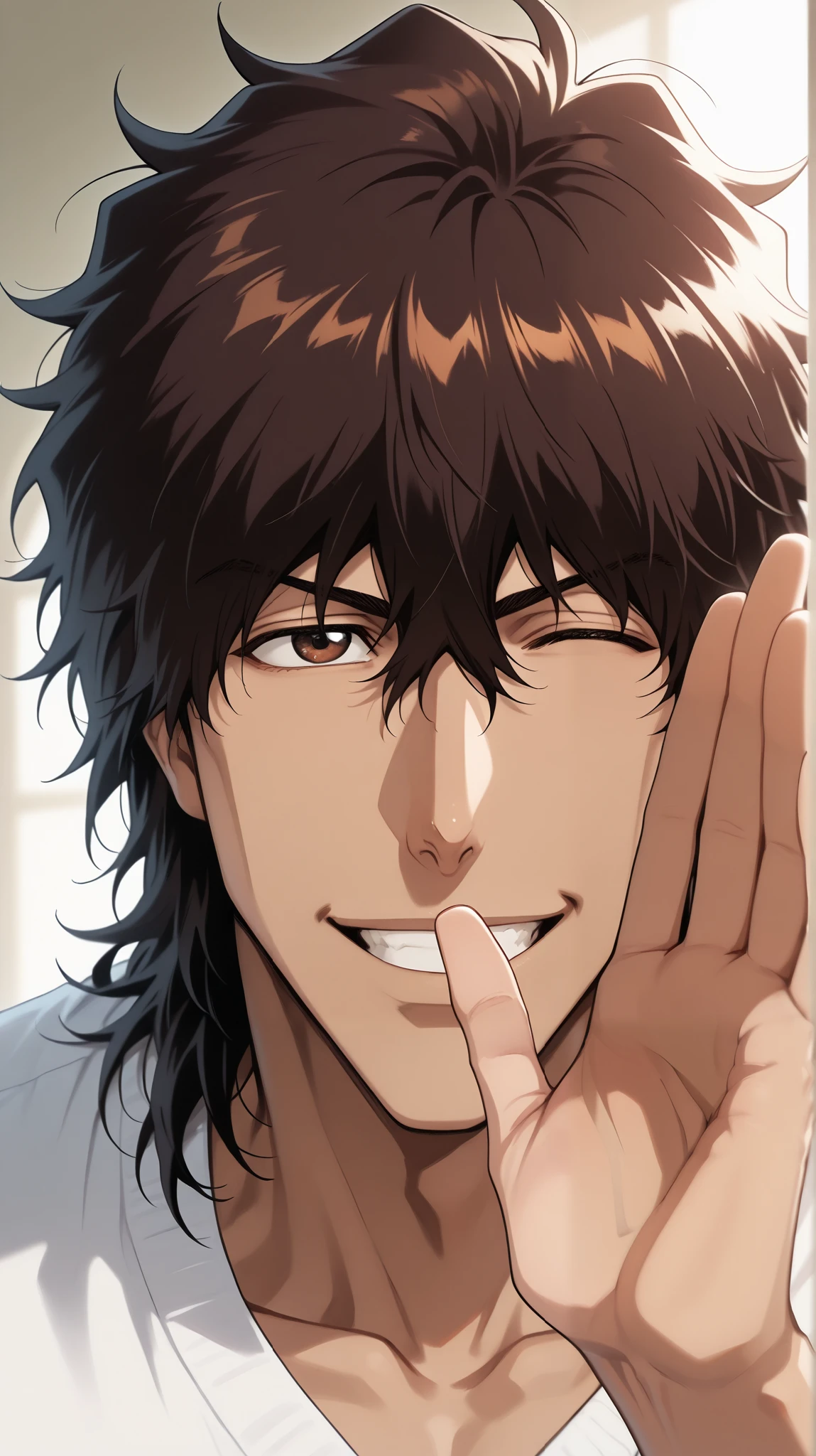 1 male, yasutora_sado, smile, greetings, one hand raised, closed eye, close up, detailed