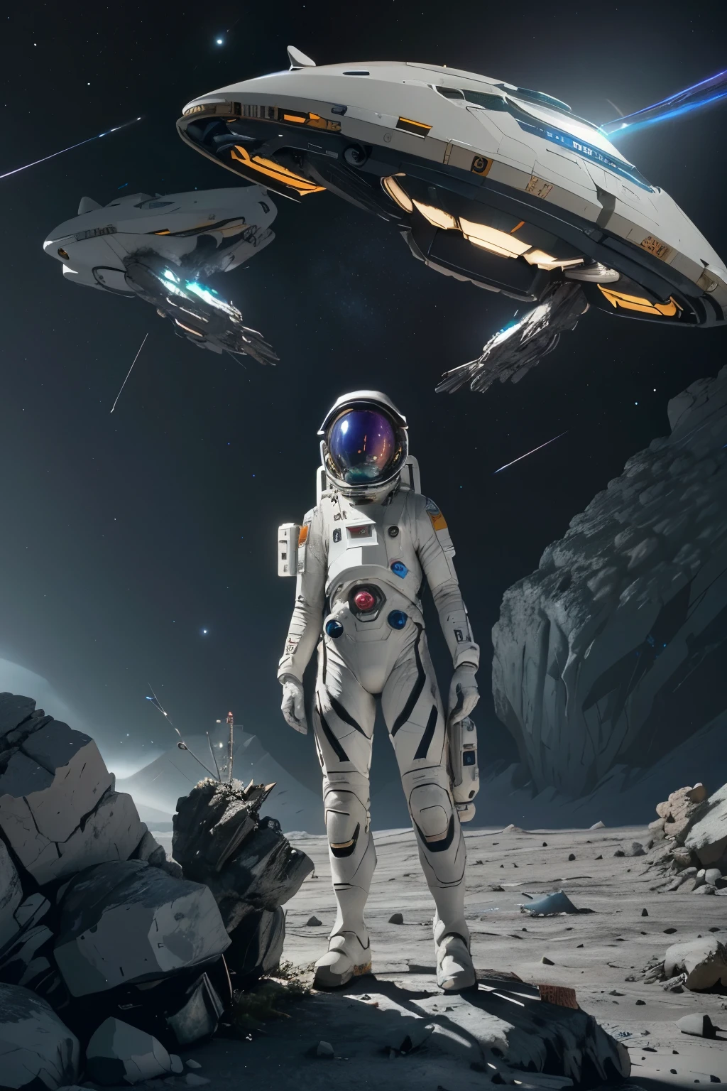a futuristic space exploration scene, wearing a white spacesuit, beautiful detailed eyes, beautiful detailed lips, extremely detailed face, long eyelashes, astronaut holding a high-tech device, advanced alien spacecraft in the background, floating rocks and debris, colorful nebula, digital art, cinematic lighting, vibrant colors, dramatic atmosphere, highly detailed, 8k, photorealistic, concept art style