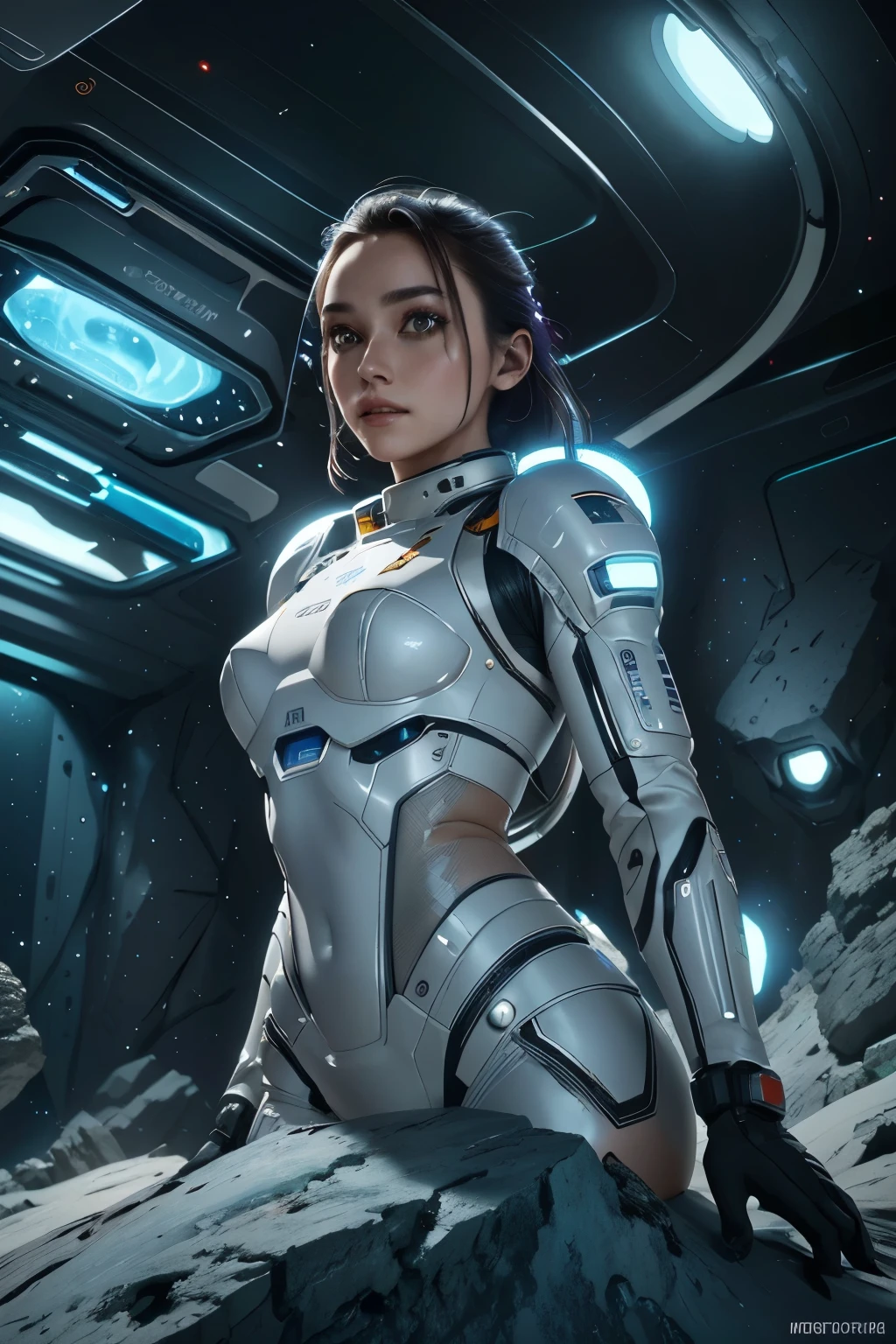 a futuristic space exploration scene, wearing a white spacesuit, beautiful detailed eyes, beautiful detailed lips, extremely detailed face, long eyelashes, astronaut holding a high-tech device, advanced alien spacecraft in the background, floating rocks and debris, colorful nebula, digital art, cinematic lighting, vibrant colors, dramatic atmosphere, highly detailed, 8k, photorealistic, concept art style