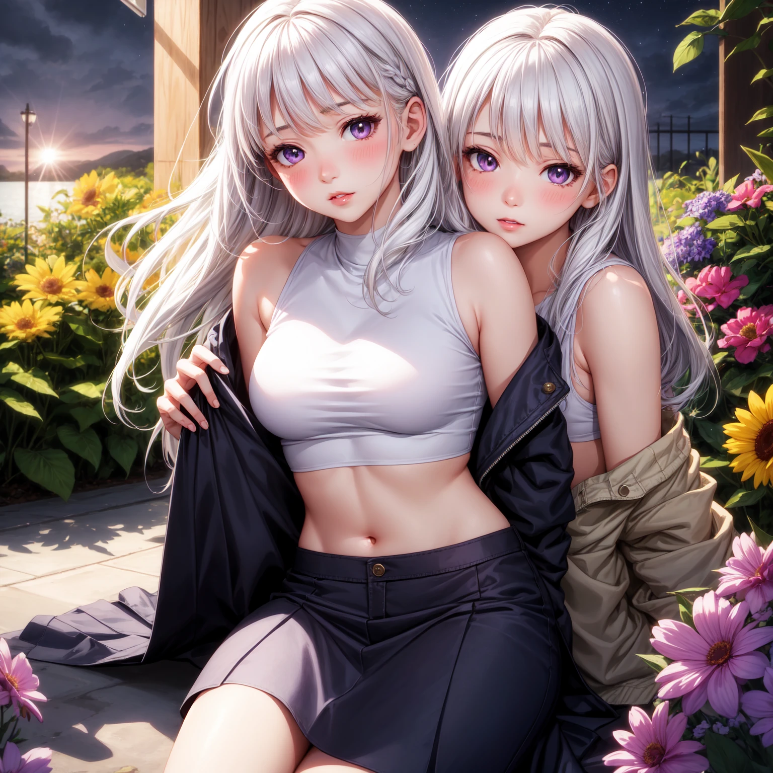 hd photograph of a pretty girl with white hair and big breasts, wearing a tank top and shorts, relaxing under a cherry blossom tree, summer day, in the style of ilya kuvshinov, dramatic lighting, fantasy, intricate, elegant, highly detailed, lifelike, photorealistic, digital painting, bokeh, hdr, high resolution, artstation, concept art, smooth, sharp focus, art by krenz cushart and albert aublet