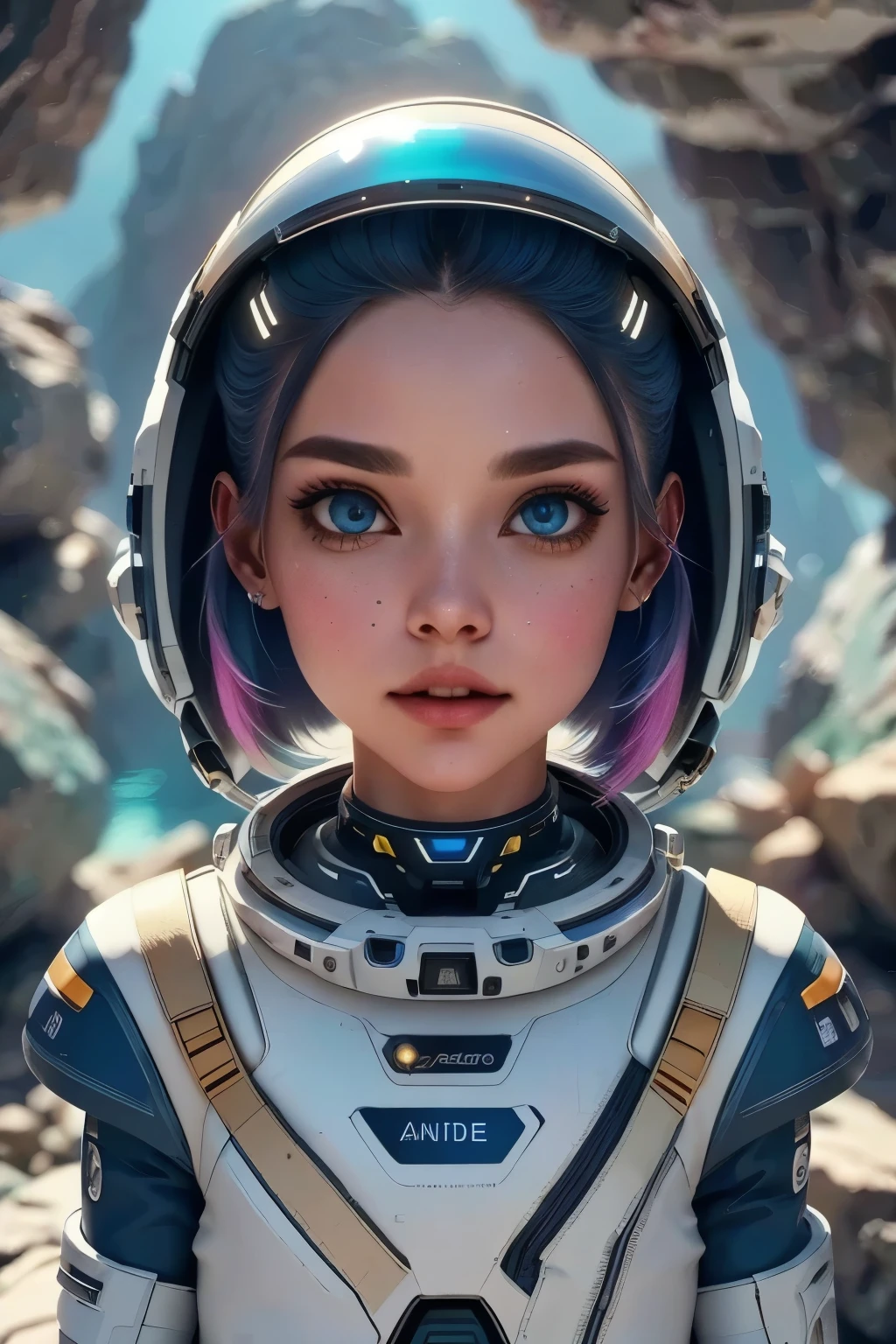 a futuristic space exploration scene, wearing a white spacesuit, beautiful detailed eyes, beautiful detailed lips, extremely detailed face, long eyelashes, astronaut holding a high-tech device, advanced alien spacecraft in the background, floating rocks and debris, colorful nebula, digital art, cinematic lighting, vibrant colors, dramatic atmosphere, highly detailed, 8k, photorealistic, concept art style