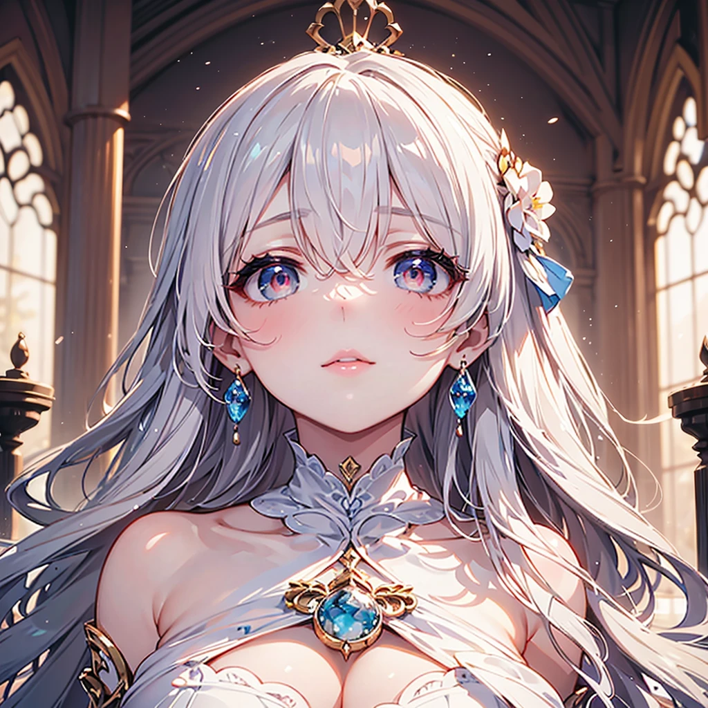 best quality, masterpiece,highly detailed,semi-realistic,1girl,mature female,upper body,cleric,hiqcgbody,medium breasts,cleavage,perfect face,red eyes,white hair,ornament,gem,necklace,castle in background,depth of field,blurry background,looking at viewer,motion blur,dynamic angle,