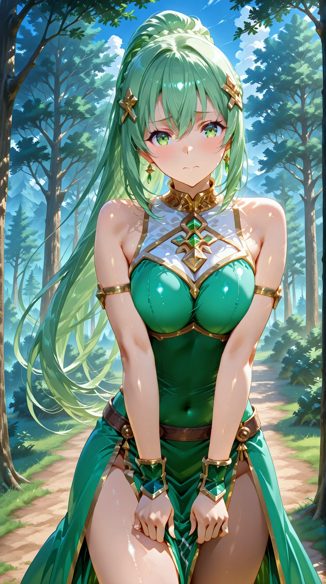 top-quality、Top image quality、masterpiece、An elf girl((18year old、Best Bust、big bast,Beautiful green eyes、Breasts wide open, Green Twin Tail、a little muscular、Large valleys、Reflecting the whole body、Green Scarf、White robed clothes、Green Wind Aura、Physical education sitting))hiquality、Beautiful Art、Background with((natta、mountain path、Large grasslands,Burning Fire、teepee)))、,masutepiece、visualart、depth of fields、