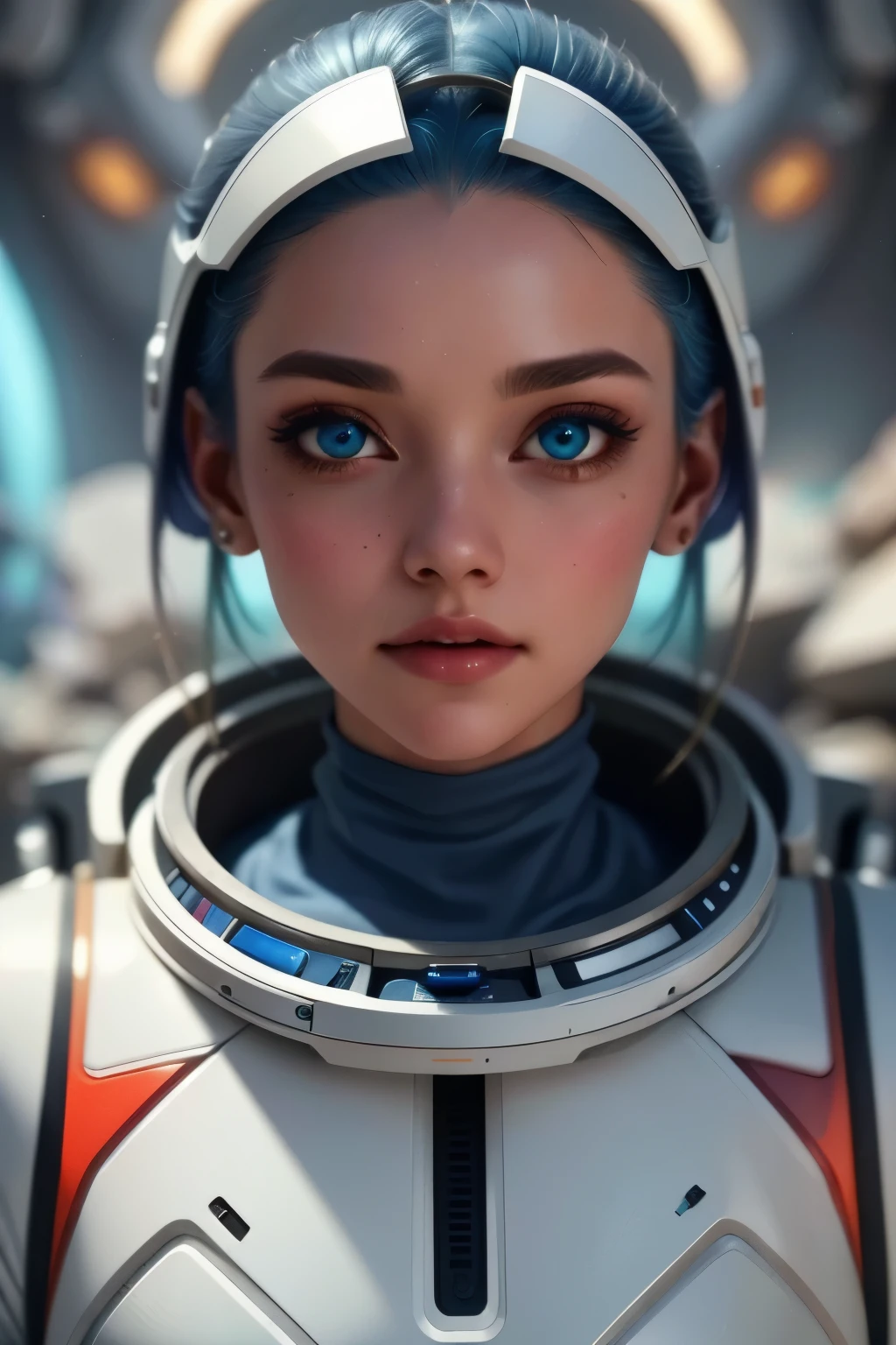 a futuristic space exploration scene, wearing a white spacesuit, beautiful detailed eyes, beautiful detailed lips, extremely detailed face, long eyelashes, astronaut holding a high-tech device, advanced alien spacecraft in the background, floating rocks and debris, colorful nebula, digital art, cinematic lighting, vibrant colors, dramatic atmosphere, highly detailed, 8k, photorealistic, concept art style