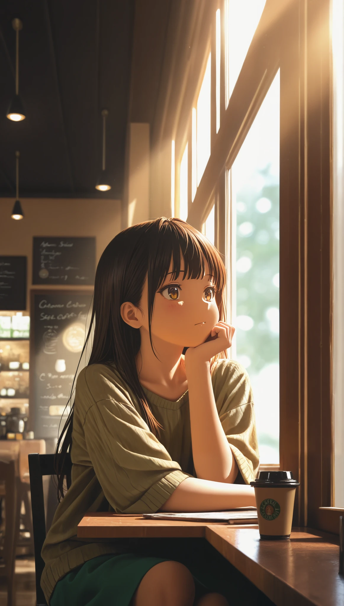 a young girl sitting in a coffee shop,warm sunlight coming through the window,Hand on chin,thoughtful expression,High resolution,oil painting,studio lighting,vibrant colors, blurred background