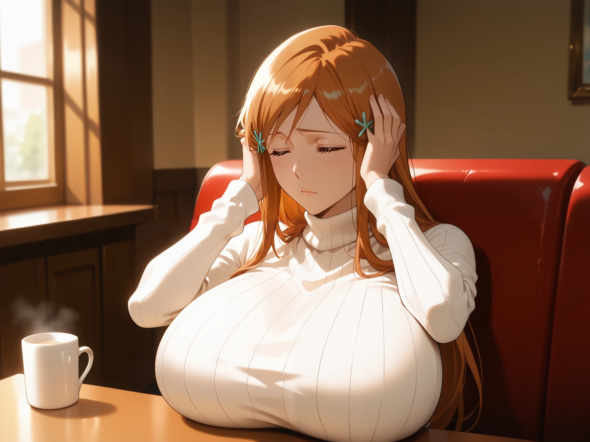 1 female, solo, pov, inoue orihime, turtleneck, huge breast, in cafe, closed eyes, headache, sitting down, detailed