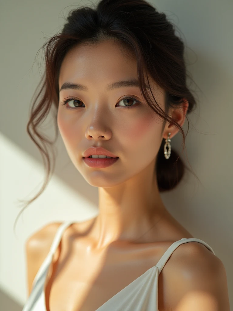 (melhor qualidade,4k,8k,Altas,master part:1.2), ultra-detalhado, (Realistic,fotorrealista,photo-realistic:1.37), Beautiful girl poses for artistic indoor photoshoot, Olhos detalhados, Detailed lips, long eyelashes, Pele de Porcelana, flowing dark hair, sorriso encantador, postura elegante, natural lighting, cores vibrantes, sombras suaves, olhar cativante, Roupas sofisticadas, movimento gracioso, art studio scenery, delicadas e intrincadas, fine details of facial expression, harmonious composition, exquisite attention to lighting and shadows