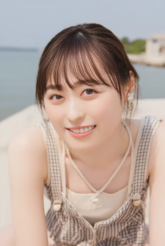 (on the table, best quality, realistically, Super detailed, meticulous, high resolution, 8k wallpaper), Close-up portrait of a beautiful woman, Chariada, smiling, light brown messy hair, Perfect dynamic composition, 美丽meticulous的眼睛, Just like the cover of a fashion magazine, on campus