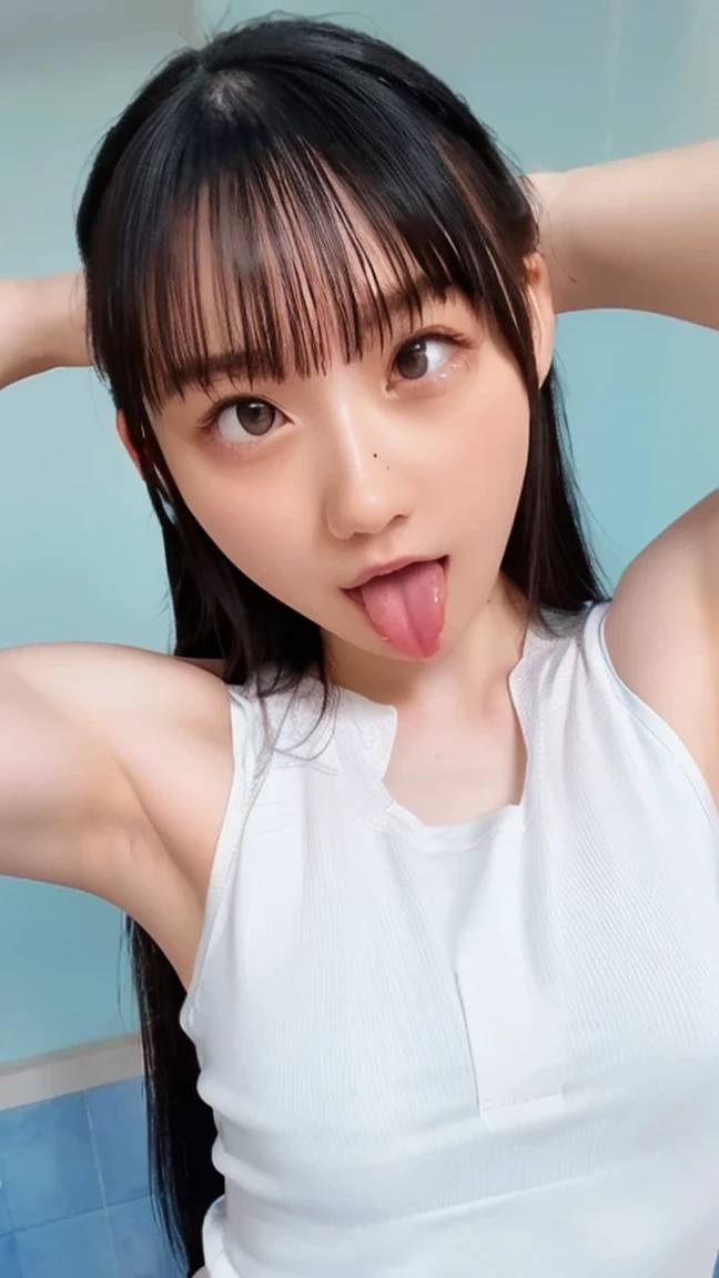 White sweater mini dress,bare shoulder,oollarbone,open mouth,(tongue out:2),cum on tongue,standing,Kneeling,Selfie,looking ahead,from above,flont view,upper body,(1girl,Beautiful 14 year old girl),((Slender,Small breasts,Small face,)),looking at viewer,Black Hair,bangs,one side up,Beautiful and detailed,Mischievous smile,Dimly lit room,Simple Background,Black background,Low lighting