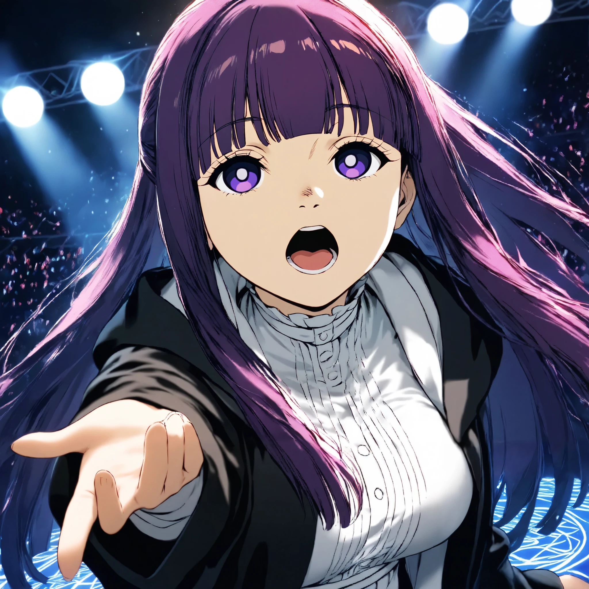 top quality,best image quality,Nerfpnxl,Fern (Sousou no frieren),( GIRLS BAND,Singing passionately,stage,Stage performance,The magic circle that emerges