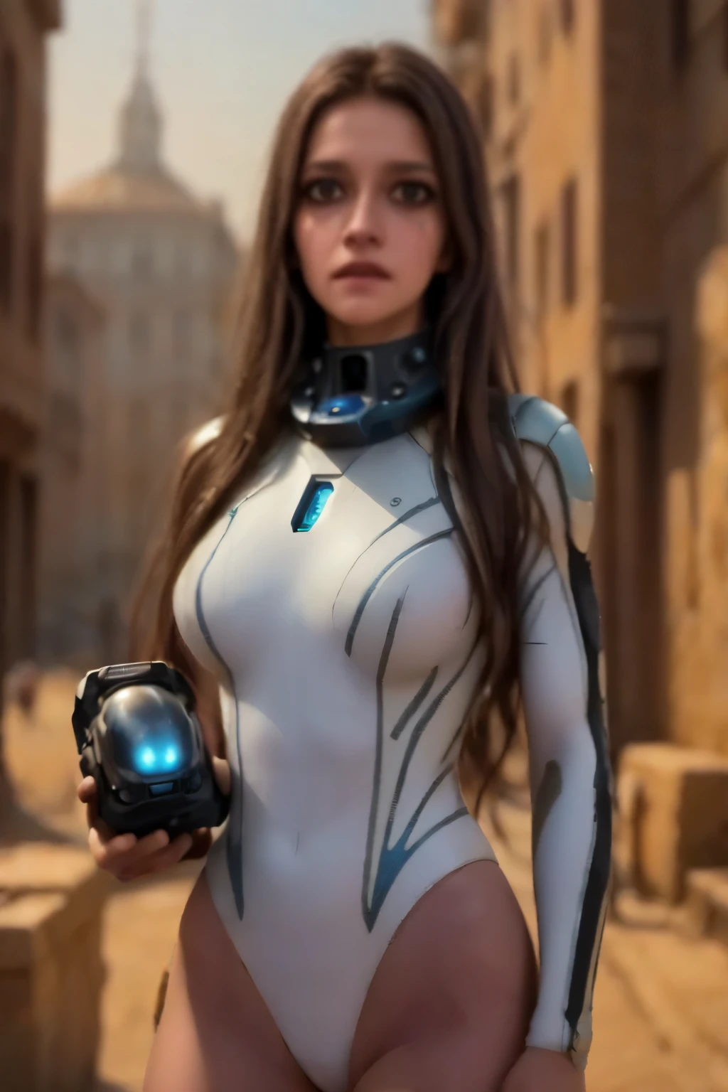 a futuristic space exploration scene, wearing a white spacesuit, beautiful detailed eyes, beautiful detailed lips, extremely detailed face, long eyelashes, astronaut holding a high-tech device, advanced alien spacecraft in the background, floating rocks and debris, colorful nebula, digital art, cinematic lighting, vibrant colors, dramatic atmosphere, highly detailed, 8k, photorealistic, concept art style