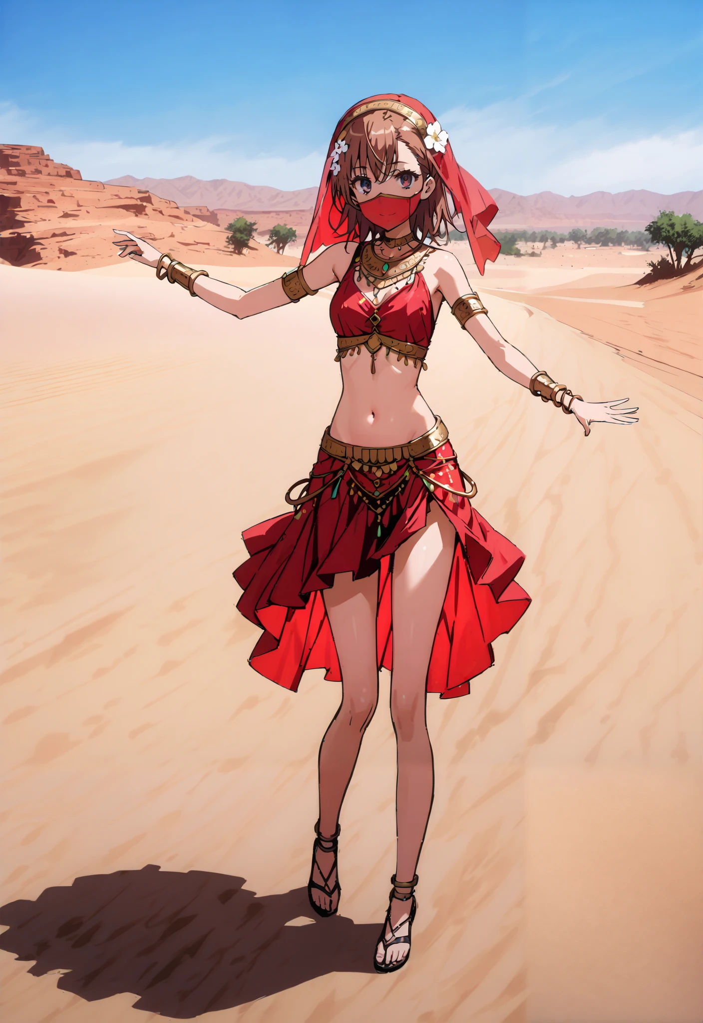 score_9, score_8_up, score_7_up, source_anime,
Mikoto and Misaka, Misaka Mikoto , short hair, black cock, hair ornament, hair flower, brown eyes,Arabian clothing,  dancer , mouth Veil, belly Dancing, Veil, Armlet,Bare legs,Dancing,standing,smile,cover,full bodyがイラストに入るように,break outdoors, desert, oasis,
break looking at viewer,full body,
break (masterpiece:1.2),top quality , kampala, Unity 8K Wallpaper ,(shape:0.8),(  fine, beautiful eyes  :1.6),It's a person ,full body写真,CG Details , (perfect hand,complete anatomy),