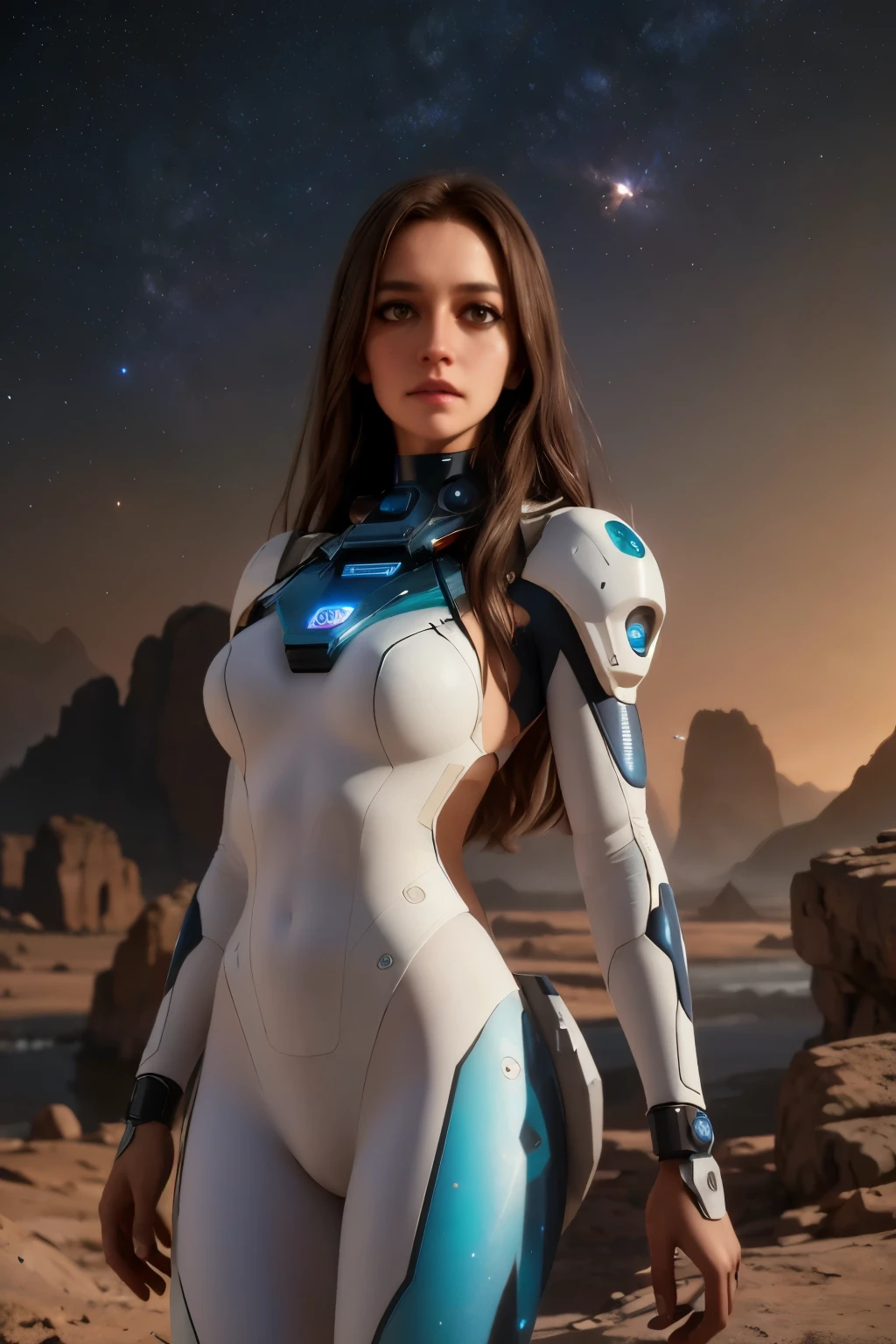 a futuristic space exploration scene, wearing a white spacesuit, beautiful detailed eyes, beautiful detailed lips, extremely detailed face, long eyelashes, astronaut holding a high-tech device, advanced alien spacecraft in the background, floating rocks and debris, colorful nebula, digital art, cinematic lighting, vibrant colors, dramatic atmosphere, highly detailed, 8k, photorealistic, concept art style