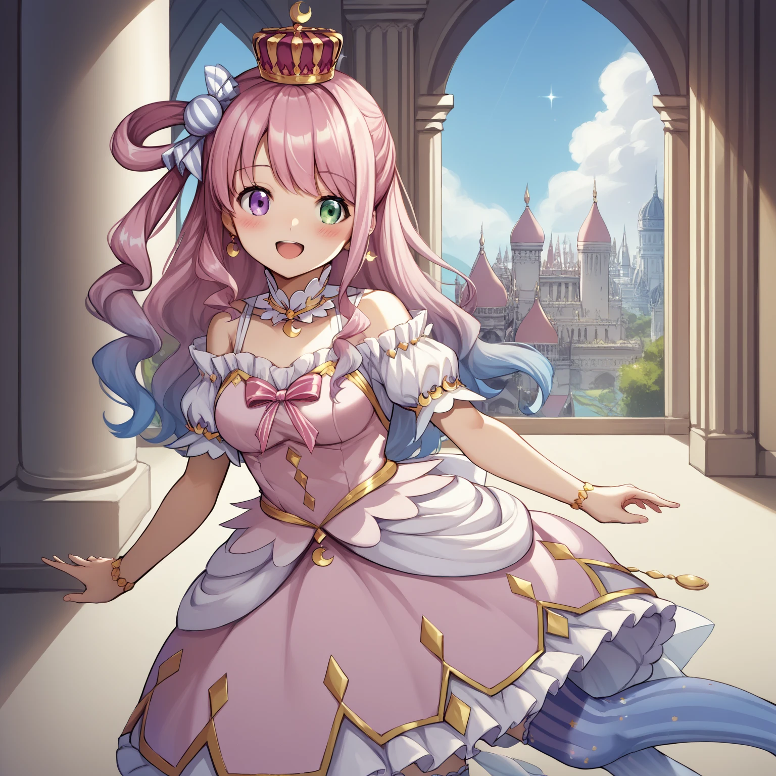 1 female Pink Hair Pink eyebrows Light blue eyes ponytail Social Dress Inside the castle Idol Pose