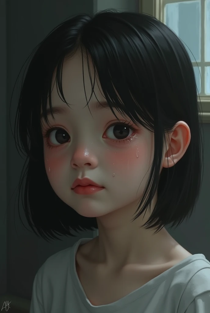 hot day、Shade、Chubby woman、Small breasts、Realistic、anime、リアルanimeスタイル、short hair、Black Hair、Tank top、Shorts、Sit with your legs apart、Sweat、Flowing sweat、dazzling、Cute woman、Beauty、model、Portrait