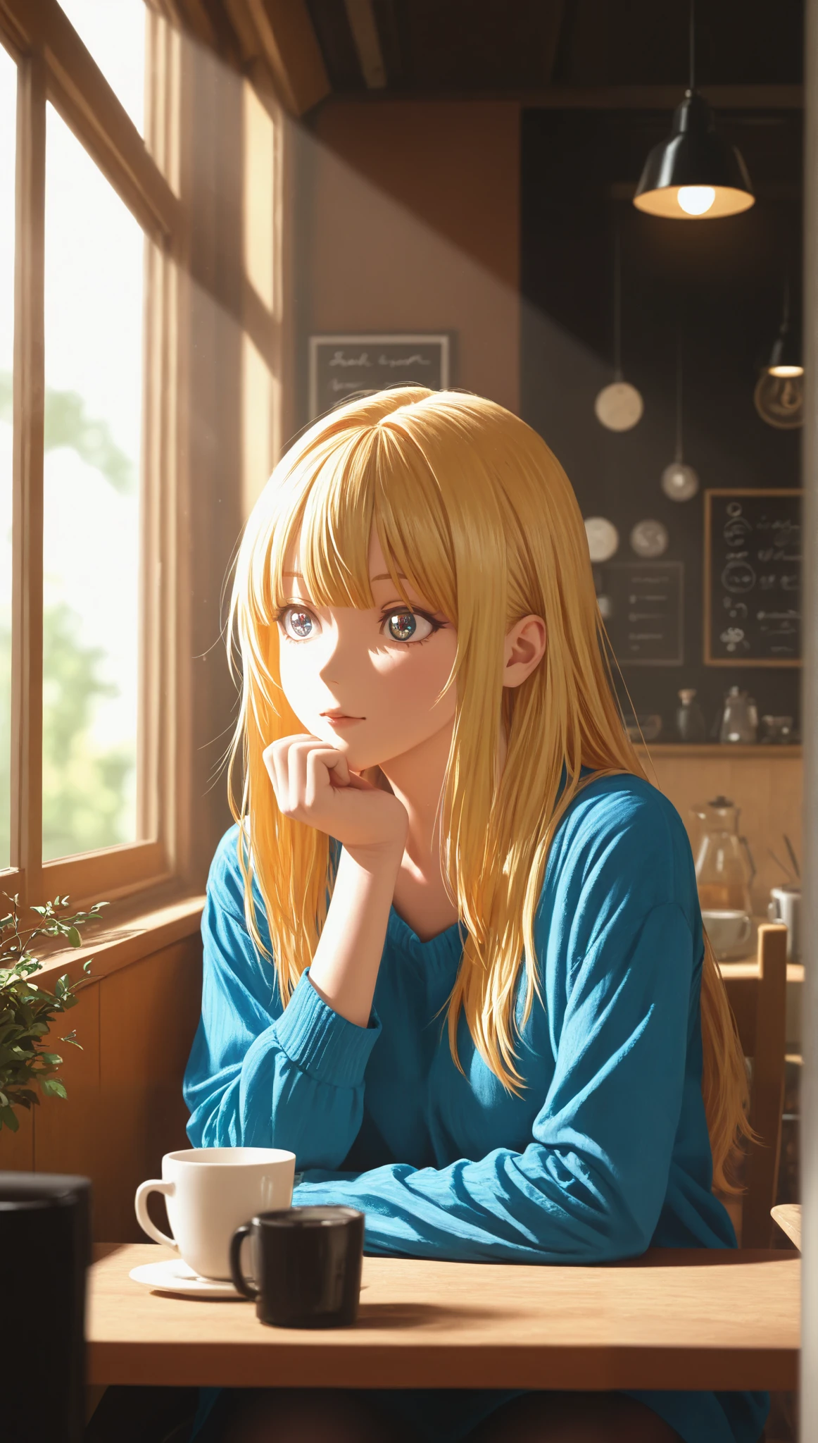 A girl sitting in a cafe,Sunlight through the window,Hand on chin,Pensatiba,blonde,shiny eyes,High resolution,oil painting,studio lighting,vibrant colors, blurred background
