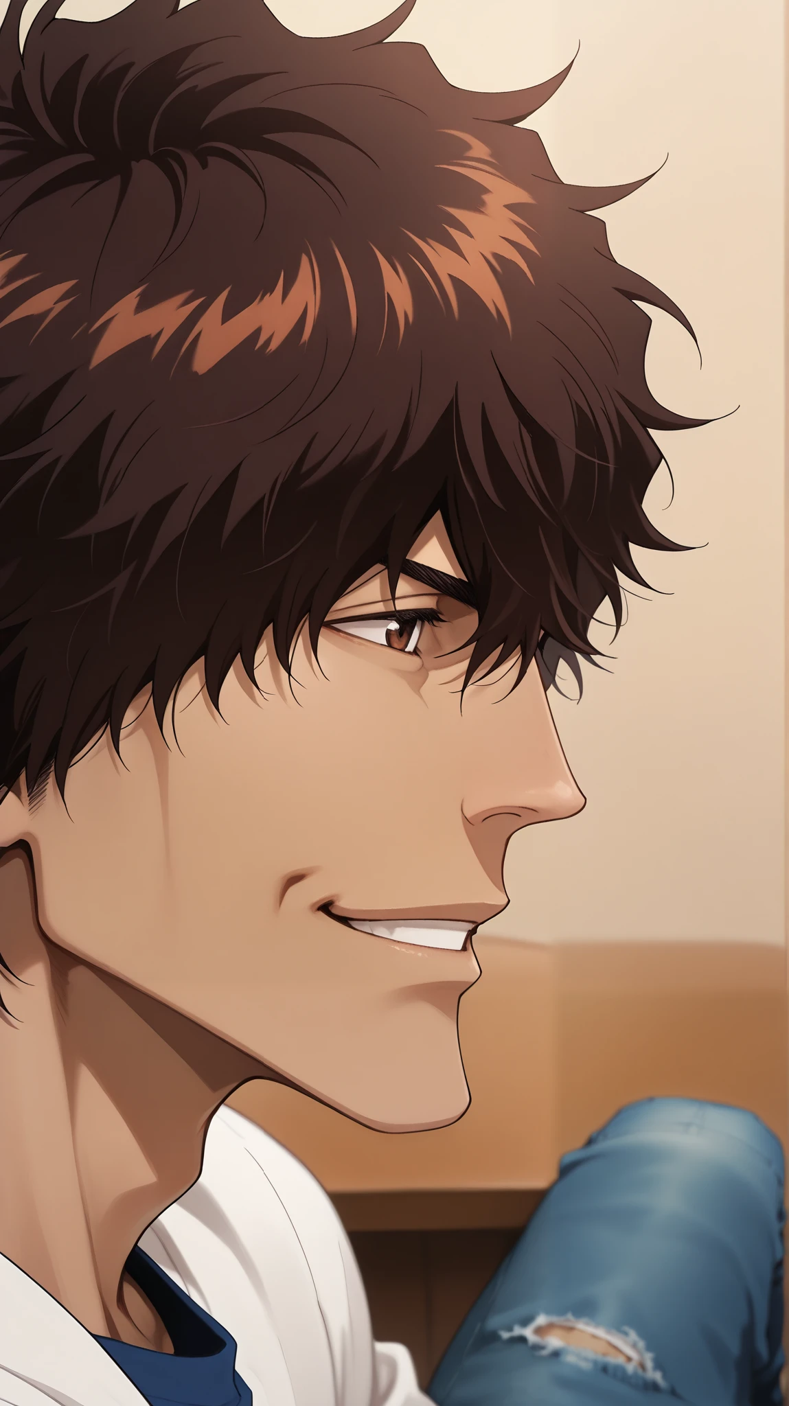1 male, yasutora_sado, smirk, smile, blue jeans, blue denim, sitting down, detailed, close up, detailed, in cafe, face focus, head tilted up, shoulder to head view